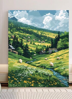 成品田园牧歌装饰画风景治愈草原田野仿油画风唯美卧室客厅摆挂画