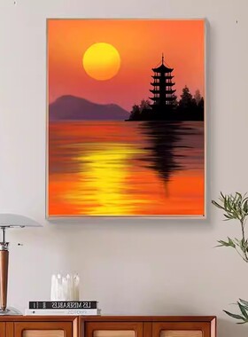 夕阳日落装饰画成品仿油画风景唯美治愈小众高级感卧室客厅摆挂画