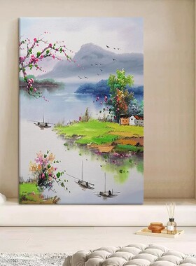 中式江南水乡古风装饰画成品仿油画风景唯美高级感玄关客厅摆挂画