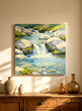 方形水面倒影绿植装饰画仿油画风景唯美清新高级感卧室客厅摆挂画