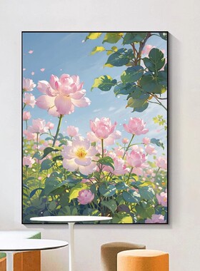 蓝天花丛装饰画成品仿油画风景花卉小清新唯美粉色卧室客厅摆挂画