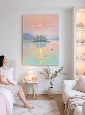 梦幻日出湖面装饰画成品仿油画风景唯美小众高级感卧室客厅摆挂画