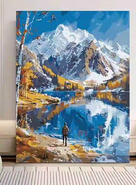 秋冬时景雪山装饰画成品仿油画风景唯美清新高级感卧室客厅摆挂画
