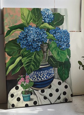 奶油风花卉蓝色绣球装饰画法式复古高级感小众艺术卧室客厅摆挂画