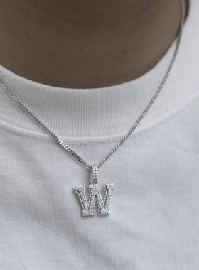 S925纯银镀金满钻字母吊坠项链