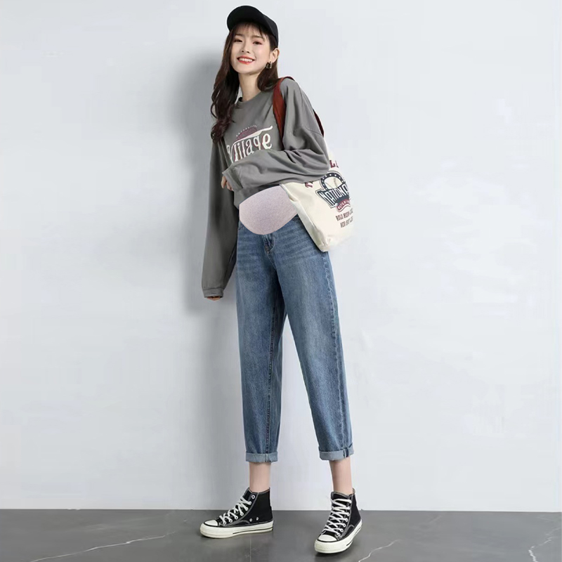 婧麒孕妇裤子春秋外穿牛仔裤2024新款长裤大码哈伦老爹裤孕妇春装