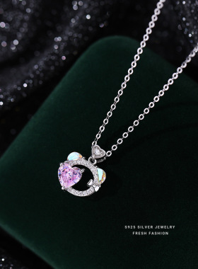 幻彩银项链粉钻轻奢锁骨链女锆石