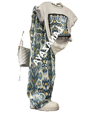 Очень большая летняя одежда, этническая футболка, штаны, комплект, большой размер, этнический стиль, свободный прямой крой