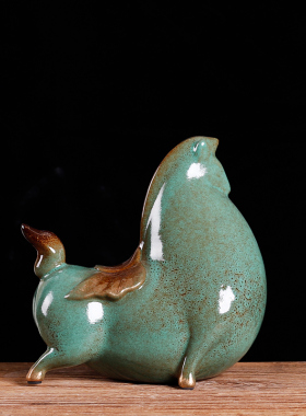 陶瓷招财绿马赛马摆件