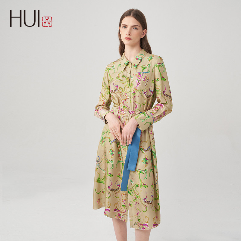 HUI卉桑蚕丝真丝新中式莫比乌斯幻影缎面印花衬衫国风连衣裙碎花,淘宝优惠券,粉丝福利购,淘宝优惠卷