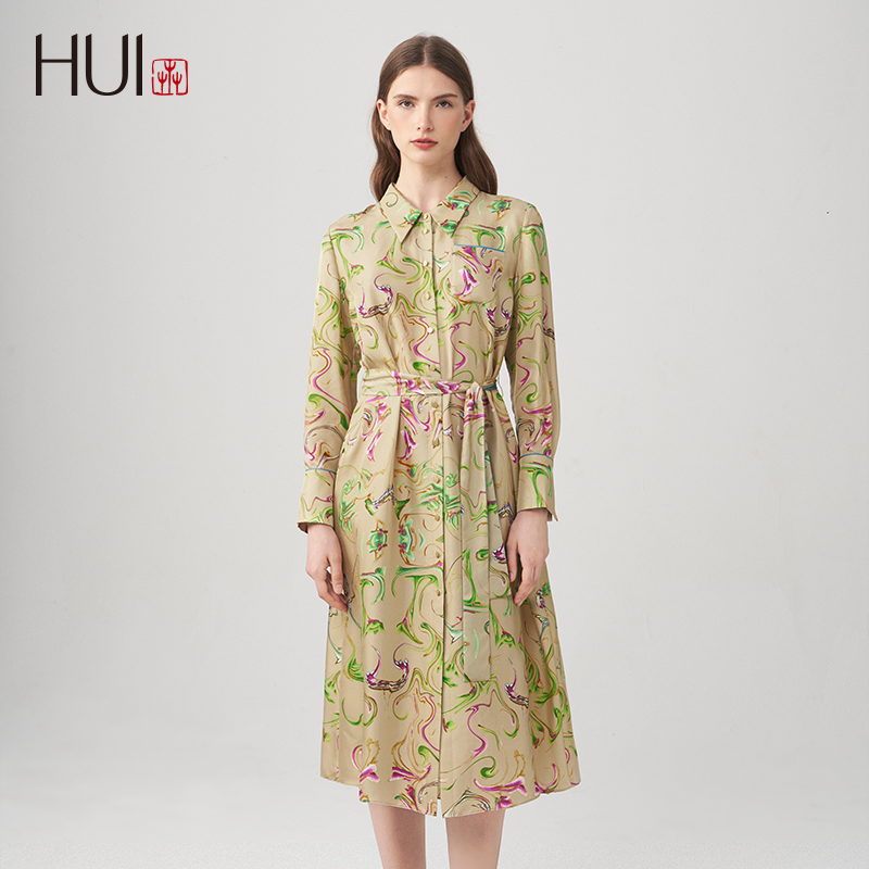 HUI卉桑蚕丝真丝新中式莫比乌斯幻影缎面印花衬衫国风连衣裙碎花,淘宝优惠券,粉丝福利购,淘宝优惠卷
