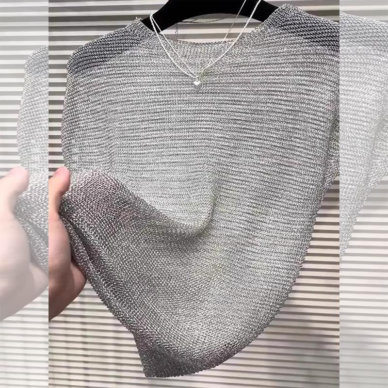 广州十三行爆款~灰色冰丝镂空针织罩衫女夏薄款短袖T恤防晒上衣 - 图1