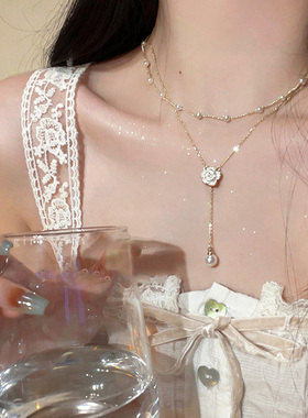 双层流苏珍珠项链女款2026新款山茶花锁骨链轻奢高级感脖颈链配饰