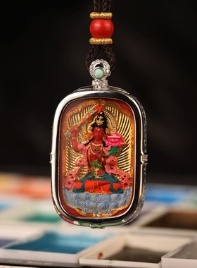 灵丹真朱砂一生安彩绘本命佛吊坠S925纯银镶嵌项链送礼天然原矿