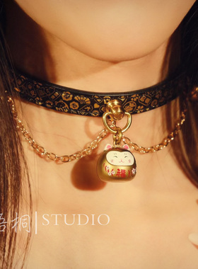 梧桐牛皮黑金招财猫开运福纹颈环