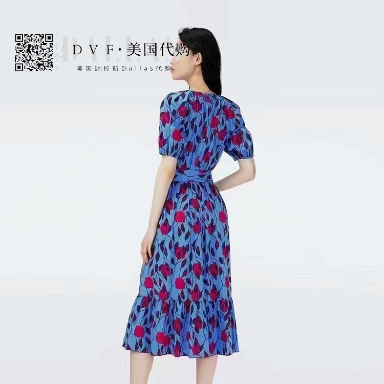 代购DVF2024早春新款连衣裙天空蓝灯笼花泡泡袖腰带中长裙DS4R015-图2