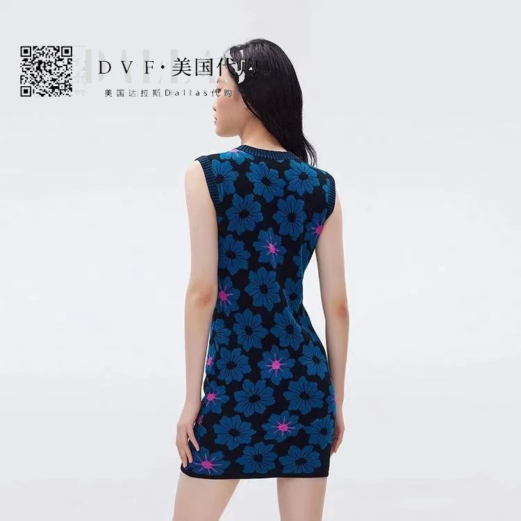 代购DVF2023秋冬新款粉蓝雏菊印花羊毛提花修身无袖连衣裙MYLO - 图2