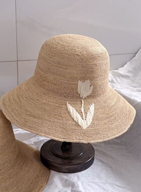 法式手工郁金香拉菲草帽海边度假