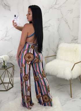 Summer 2023 printed jumpsuit with neck hanging挂脖非洲连体裤