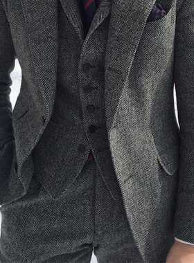 Gray Wool Tweed Winter Men Suit's For Wedding Formal Groom T