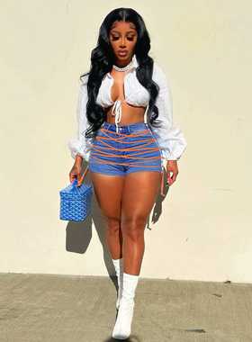 xl Women's High Waisted slim strap jean shorts大码牛仔短裤