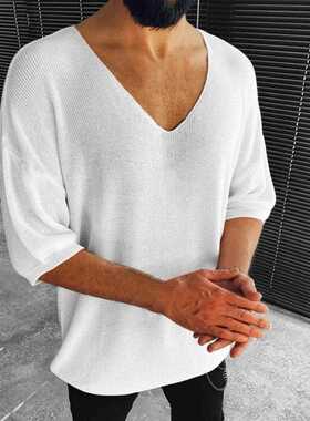 V Neck Men's T-Shirts Autumn Top Knitted Half Sleeve Solid C
