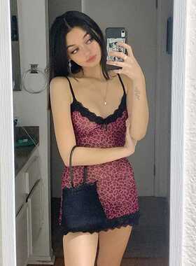 Animal Leopard Printed Mini Dress Summer Patchwork Lace Fril