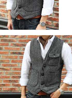 Men's retro tweed suit vest men's V-neck wool vest casual ve