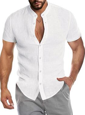 Summer Casual Cotton Linen Men Slim Shirts V-neck Long Sleev