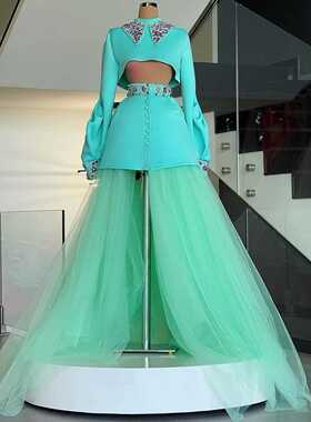 Elegant Two Pieces Prom Party Dresses Crystals Long Puffy