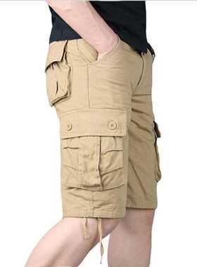 Summer Men's Casual Cotton Cargo Shorts Overalls Long Length