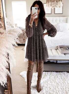 Lantern Sleeve Dot Print Ruffles Women Dress 2021 Casual V-n