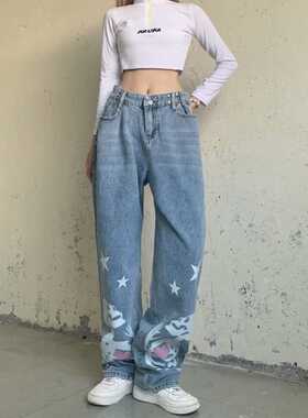 Women Skull Cartoon Print Pocket Denim Straight Pants Light