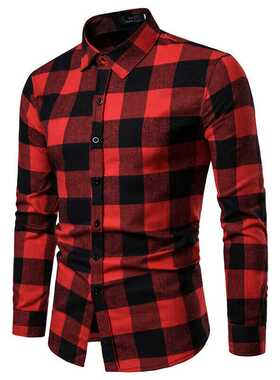 Men's Plaid Long Sleeve Shirts Business Dress Shirt ops Slim
