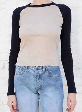 Vintage Patchwork Ribbed T-shirt Women Autumn Casual Round N