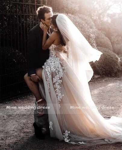 Sheer Lace D Flowers Applique Wedding Dresses Strapless Spl - 图1