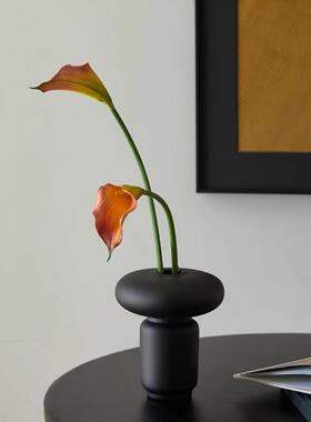花器素烧黑色陶瓷花瓶插花摆件高级感小众小花瓶陶瓷摆设磨砂感