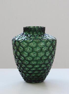 现代简约大肚子吊钟玻璃花瓶摆件墨绿高级感家居装饰品水培花器