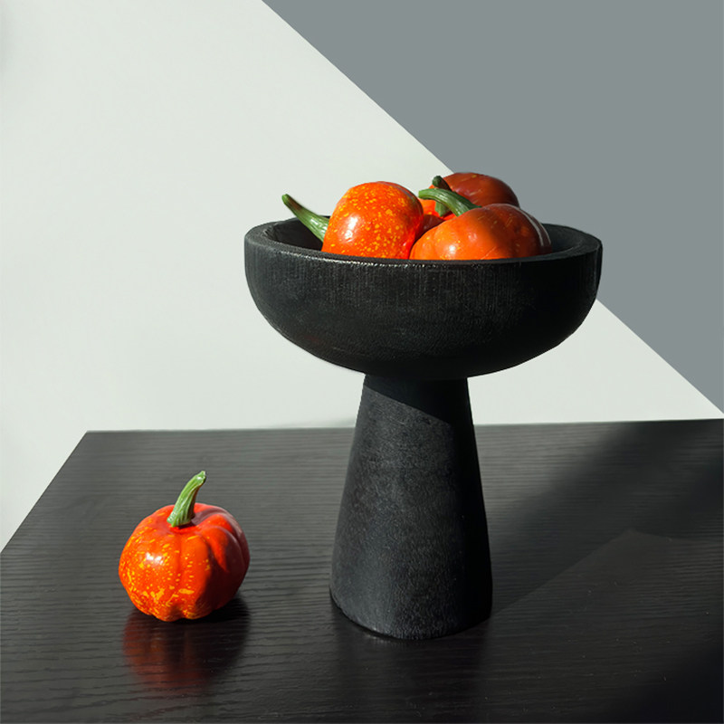 侘寂风黑色高脚小果盘复古做旧实木托盘果篓民宿家用高级装饰摆件,淘宝优惠券,粉丝福利购,淘宝优惠卷