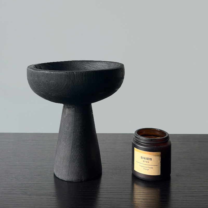 侘寂风黑色高脚小果盘复古做旧实木托盘果篓民宿家用高级装饰摆件,淘宝优惠券,粉丝福利购,淘宝优惠卷