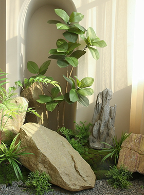 仿真玻璃钢青苔石头室内造景摆件