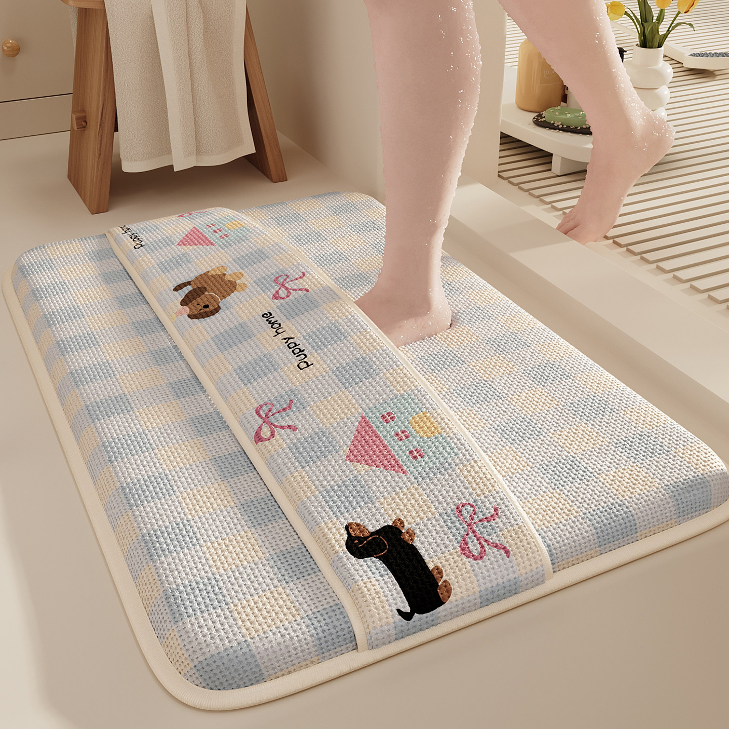 卡通狗狗浴室防滑垫厕所门口擦脚背速干吸水地毯卫生间地垫子加厚