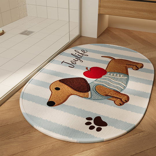 卡通腊肠狗浴室防滑垫厕所门口吸水速干擦脚地毯椭圆卫生间地垫子