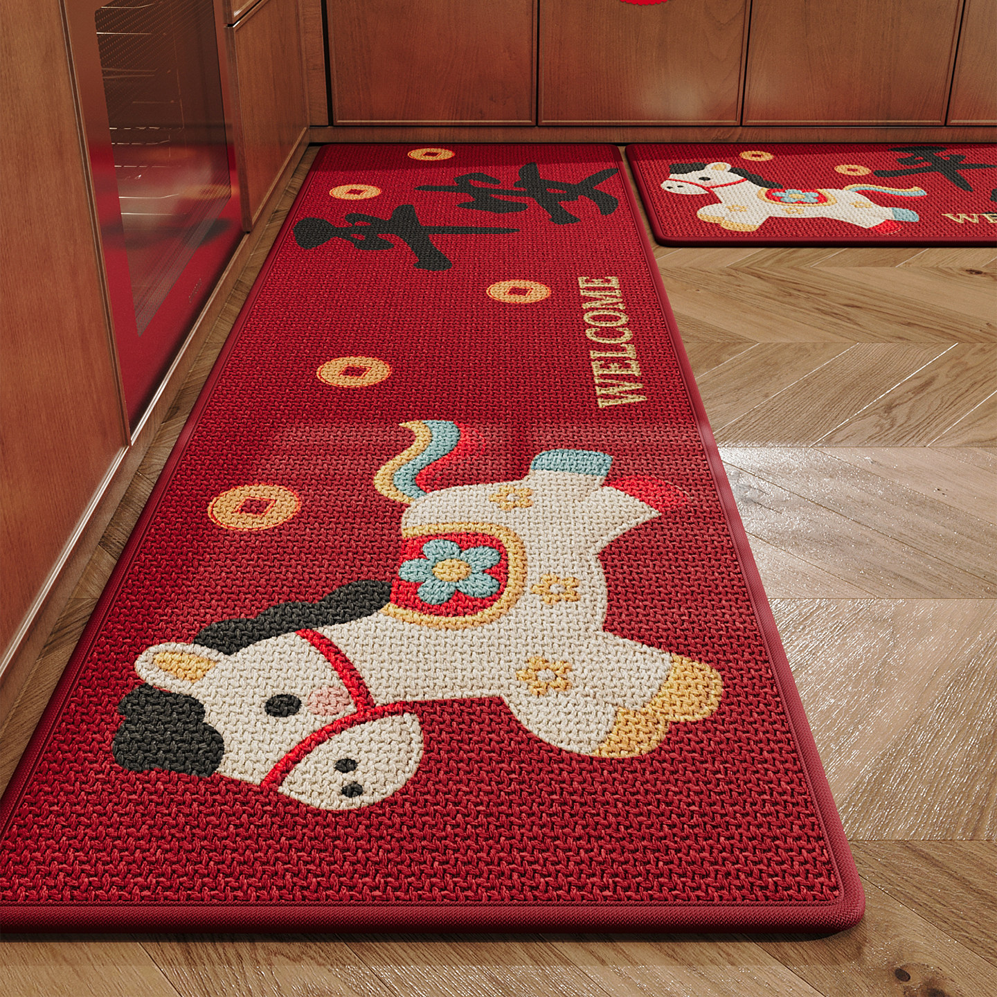 厨房专用地垫卡通家用免洗吸水擦脚垫耐脏耐磨防滑垫红色新年地毯,淘宝优惠券,粉丝福利购,淘宝优惠卷