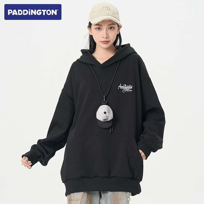帕丁顿熊2025秋冬美式高街基础卫衣字母刺绣连帽落肩宽松男女同款 - 图0