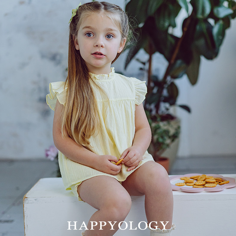 Happyology英国儿童春夏新品小飞袖童装花边立领套装肌理女童上衣,淘宝优惠券,粉丝福利购,淘宝优惠卷