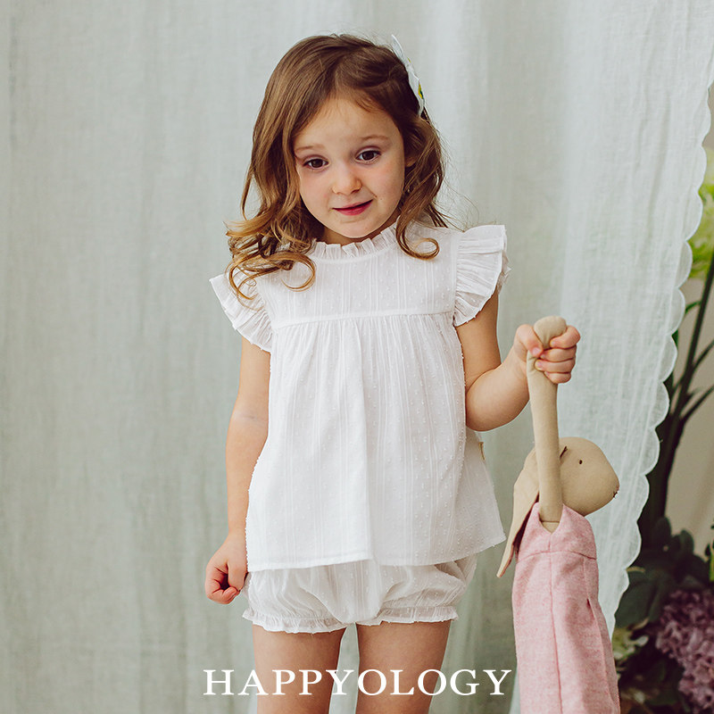 Happyology英国儿童春夏新品小飞袖童装花边立领套装肌理女童上衣,淘宝优惠券,粉丝福利购,淘宝优惠卷