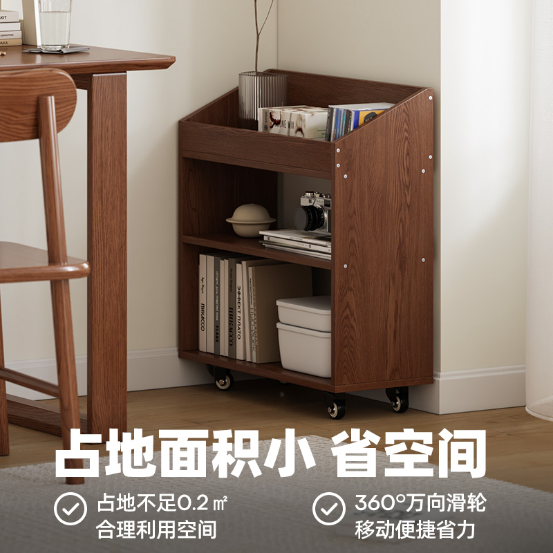 书桌旁小书架桌下置物架收纳矮柜可移动带轮实木书柜简易储物柜子-图0
