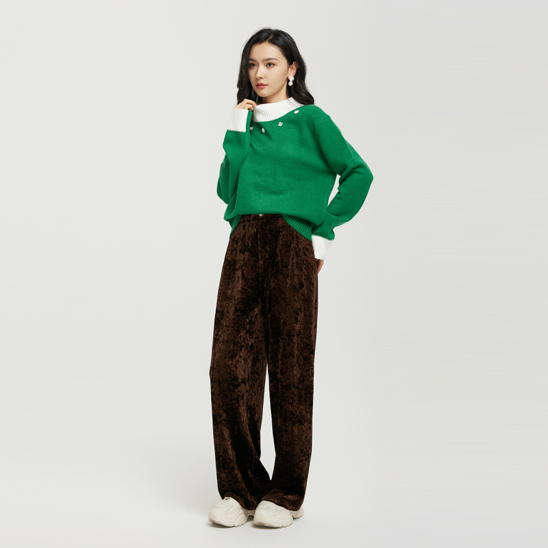 鲁思蒂丝绒拖地裤2024新款女秋冬宽松垂坠感休闲裤气质高腰长裤子 - 图0