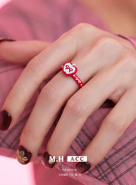 2026新款韩版红色蝴蝶结苹果戒指甜美气质百搭设计感指环食指戒女